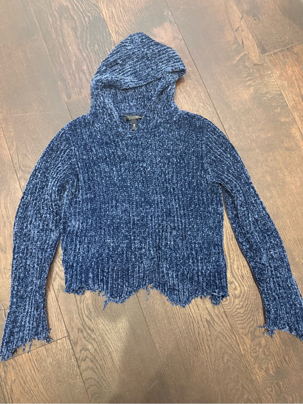 Aqua Distressed Chenille Hooded Sweater in Navy
